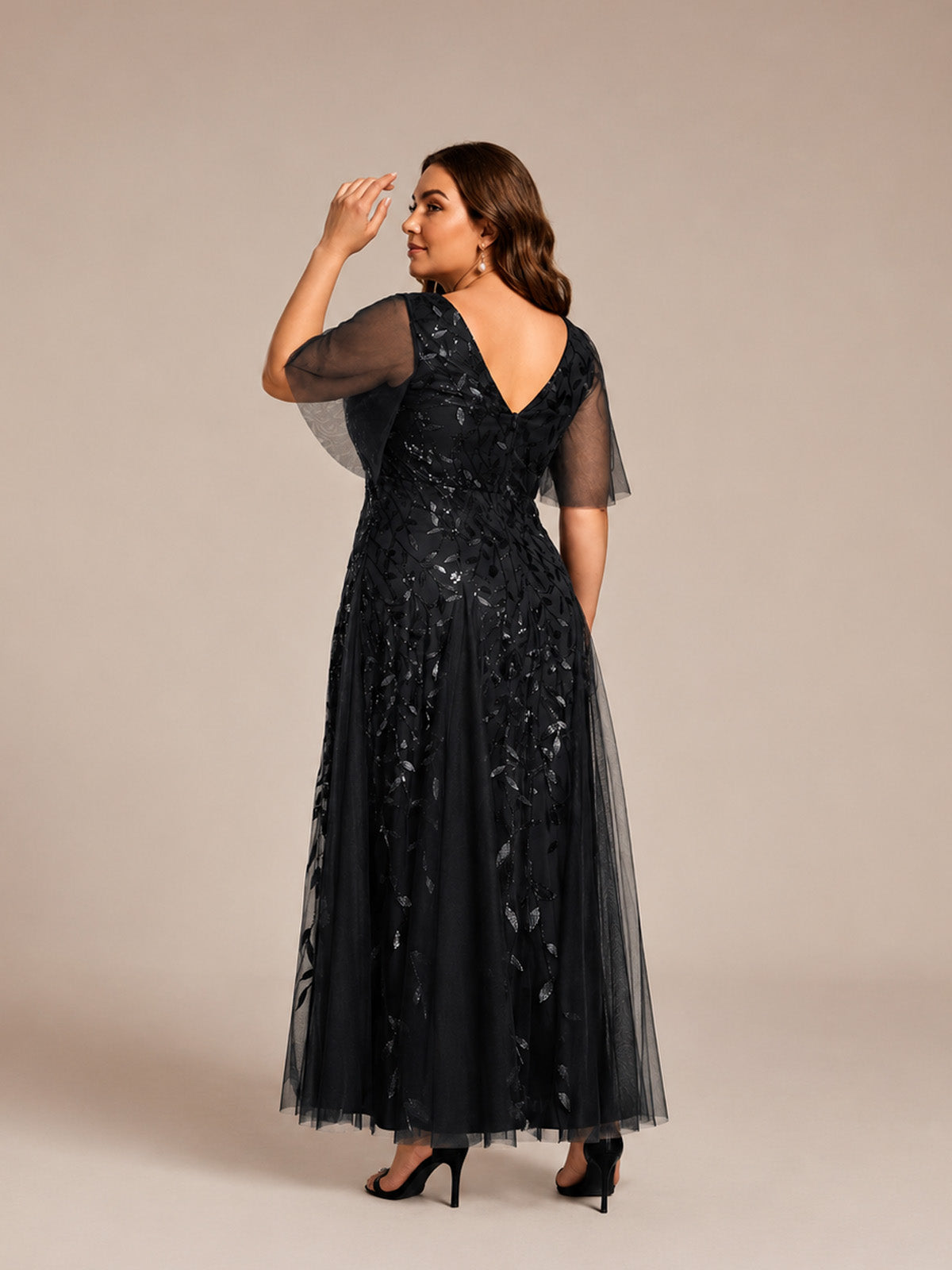 Women’s Burgundy Glamorous Sequin Mesh V Neck Flutter Short Sleeve A-Line Maxi Dress with Embellished Detail