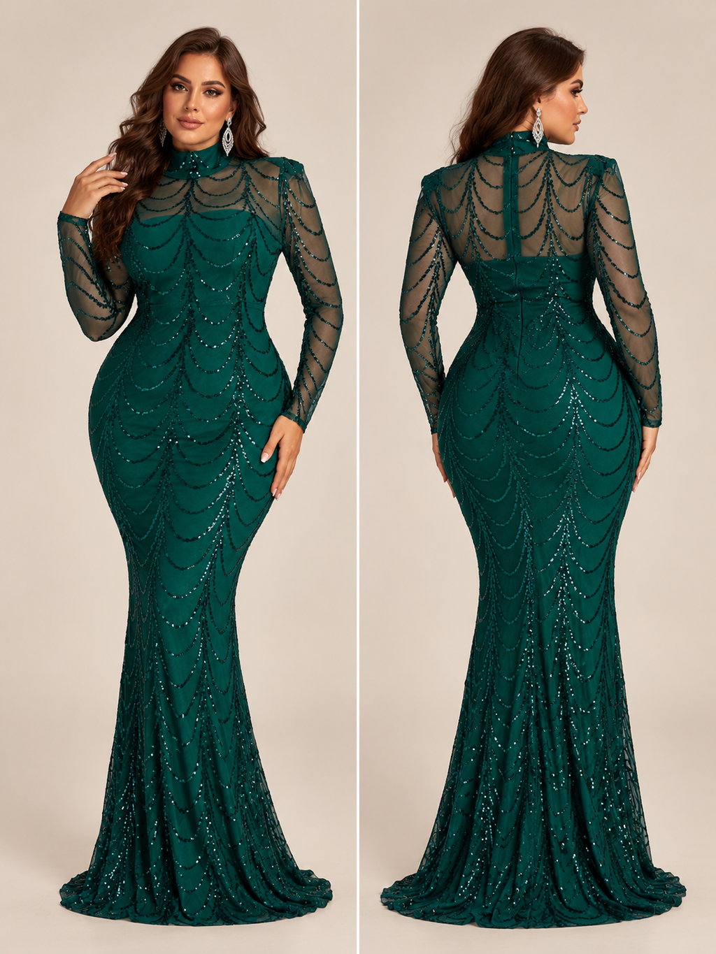 Women’s Black Elegant Sequin Mesh High-Neck Long-Sleeve Plus-Size Maxi Dress with Draped Design