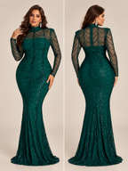 Women’s Black Elegant Sequin Mesh High-Neck Long-Sleeve Plus-Size Maxi Dress with Draped Design