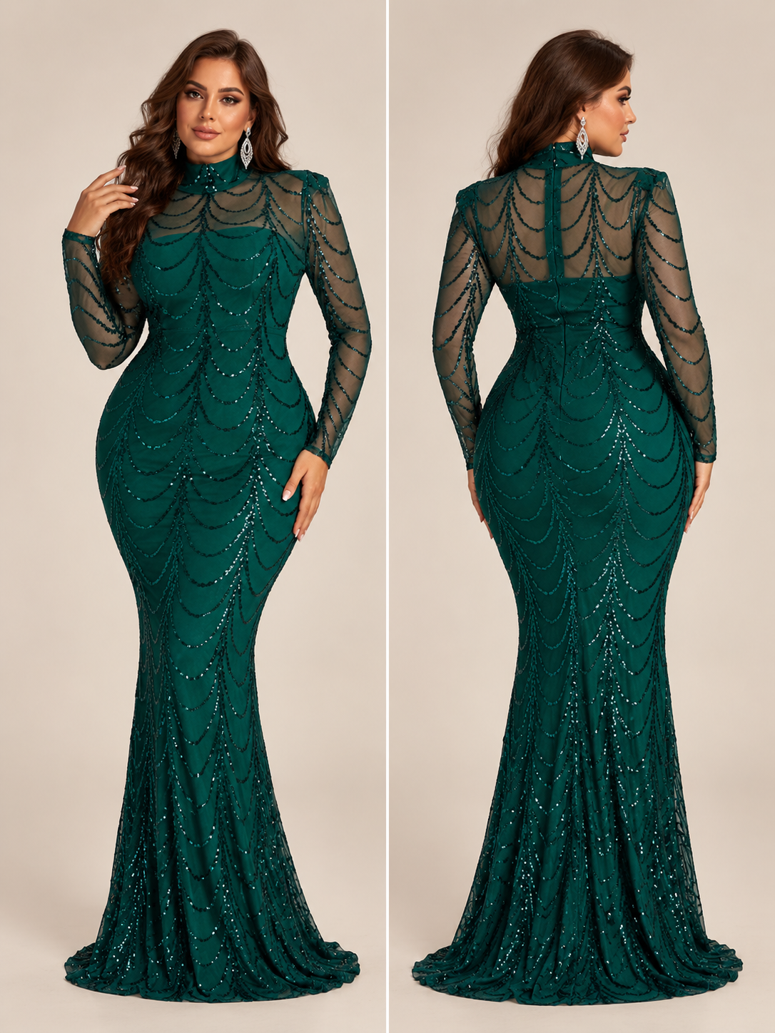 Women’s Black Elegant Sequin Mesh High-Neck Long-Sleeve Plus-Size Maxi Dress with Draped Design
