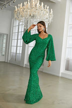 Women’s Rose Gold Evening Sequin V-Neck Mermaid Maxi Dress with Bell Sleeves