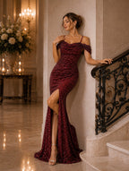 Women’s Glamorous Sequin Spaghetti Strap Cold Shoulder Slim Mermaid Maxi Dress with High Slit