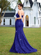 Women’s Champagne Gold Glamorous Sequin One Shoulder Sleeveless Mermaid Maxi Dress with Ruched Detail, High Slit and Lace-Up Back