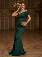 Women’s Dark Green Elegant One-Shoulder Sleeveless Tailored Maxi Dress
