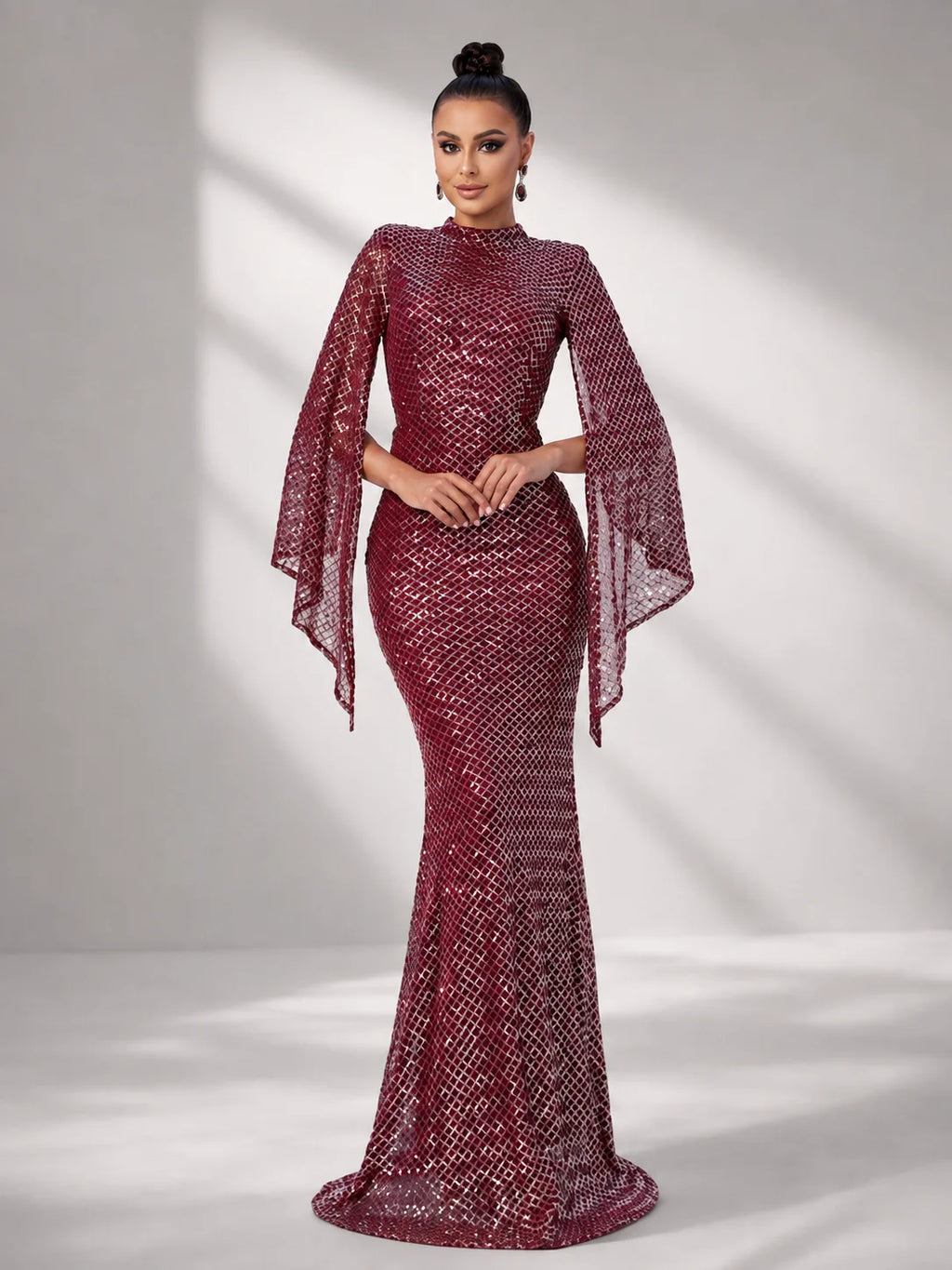 Women’s Apricot Glamorous Sequin Polyester Blend High Neck Bell Sleeve Regular Mermaid Maxi Prom Dress