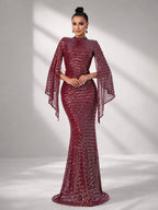 Women’s Apricot Glamorous Sequin Polyester Blend High Neck Bell Sleeve Regular Mermaid Maxi Prom Dress