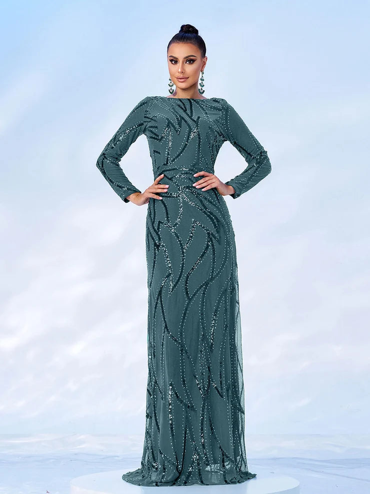Women’s Black and Bronze Elegant Sequin Mesh Round Neck Long Sleeve Column Maxi Dress with Geometric Pattern