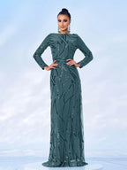 Women’s Black and Bronze Elegant Sequin Mesh Round Neck Long Sleeve Column Maxi Dress with Geometric Pattern