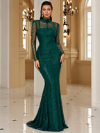 Women’s Black Luxury Sequin Mesh High Neck Long Sleeve Mermaid Maxi Dress with Draped Crystal Pattern