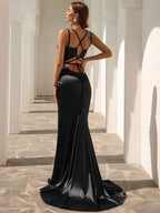 Women’s Red Elegant Satin V-Neck Spaghetti Strap Mermaid Maxi Dress with Ruched Waist