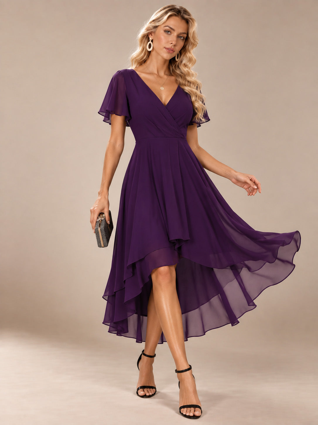 Women’s Emerald Green Elegant Chiffon V-Neck Flutter Sleeve High-Low A-Line Midi Dress with Wrap Detail