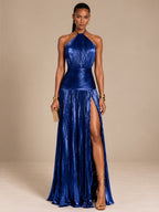 Women’s Metallic Glamorous Halter Neck Sleeveless Backless A-Line Maxi Dress with Ruched Waist and High Slit