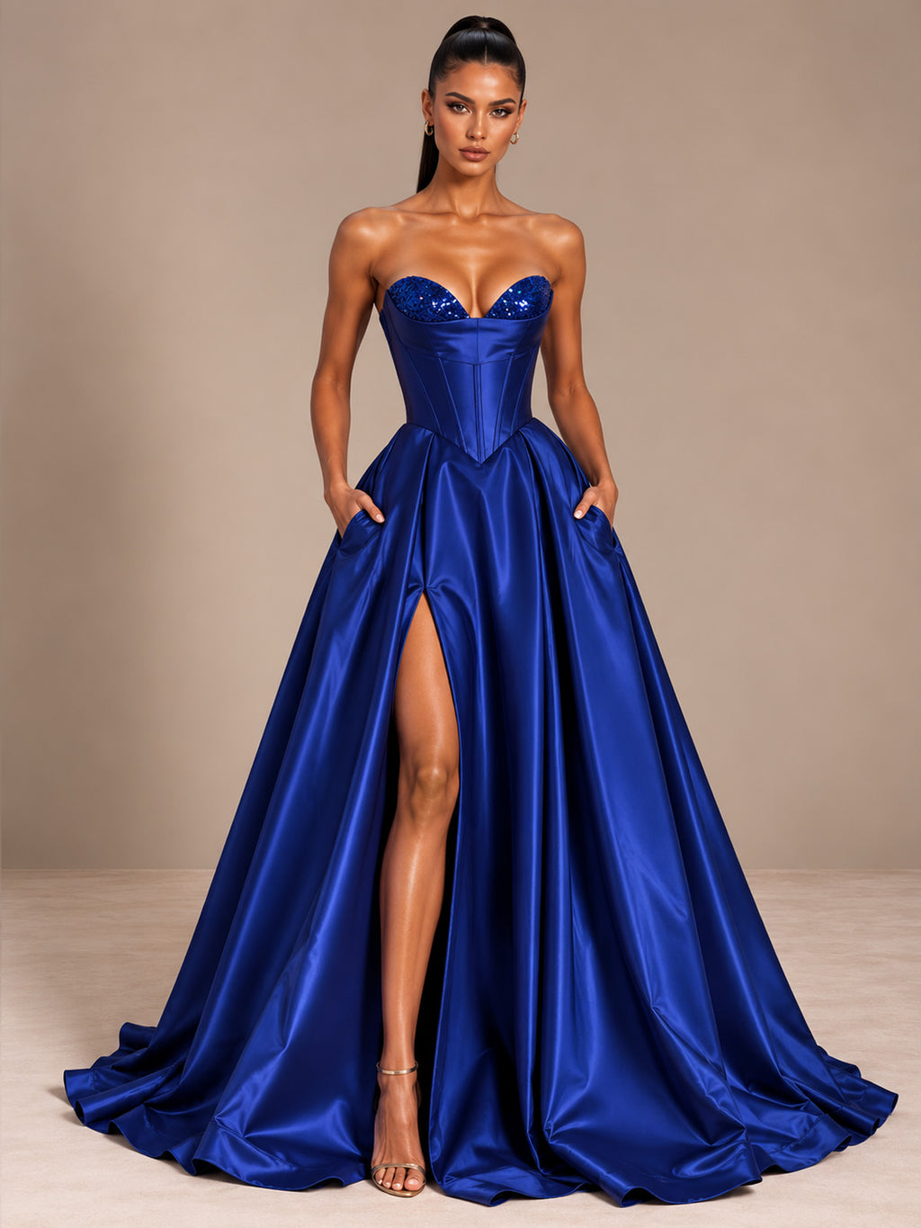 Women’s Black Glamorous Satin Strapless Sweetheart Neck Sleeveless A-Line Maxi Dress with Sequin Detail, Corset Waist and High Slit