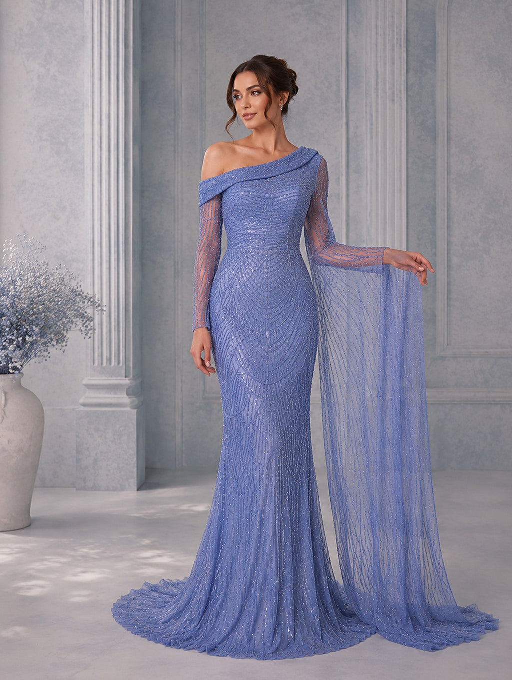 Women’s Elegant Sequin Asymmetrical Neck One Long Sleeve Regular Mermaid Maxi Dress with Beaded Detail