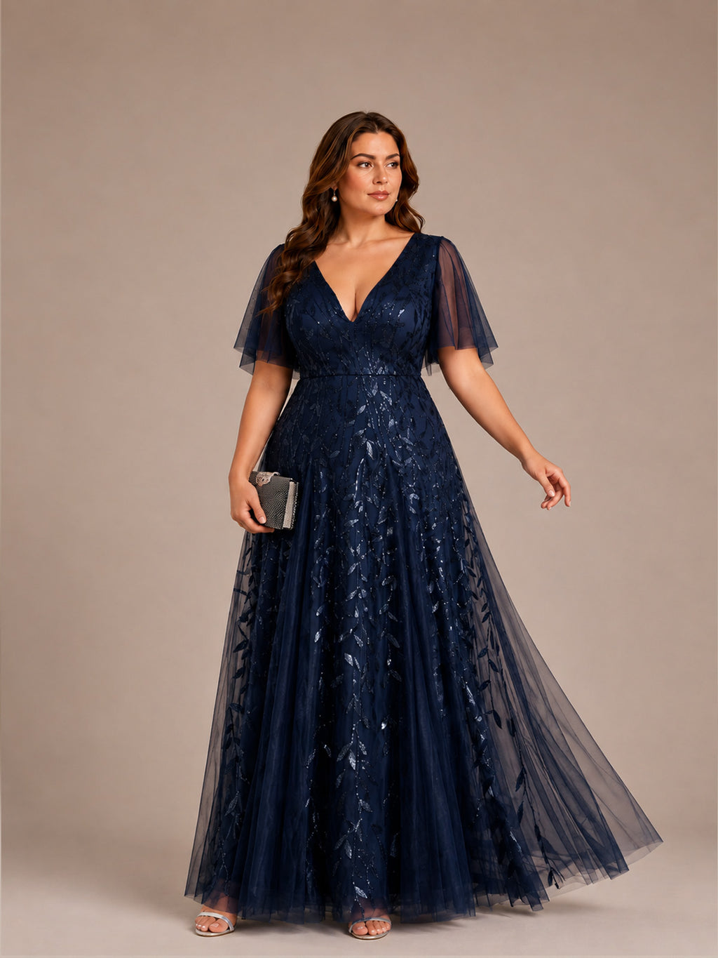 Women’s Burgundy Glamorous Sequin Mesh V Neck Flutter Short Sleeve A-Line Maxi Dress with Embellished Detail