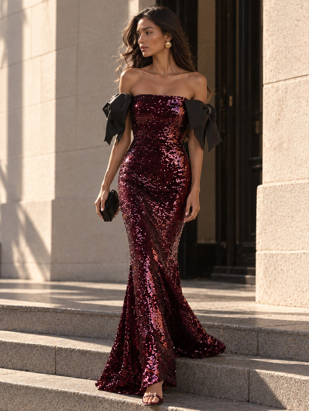 Women’s Burgundy Purple Glamorous Sequin Off-Shoulder Short Sleeve Mermaid Maxi Dress with Black Bow Detail