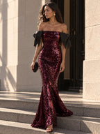 Women’s Burgundy Purple Glamorous Sequin Off-Shoulder Short Sleeve Mermaid Maxi Dress with Black Bow Detail
