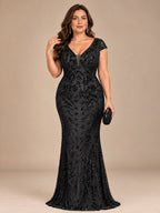 Women’s Olive Green Elegant Sequin Mesh V-Neck Cap Sleeve Mermaid Maxi Dress