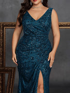 Women’s Olive Glamorous Sequin V Neck Sleeveless High Slit Maxi Dress