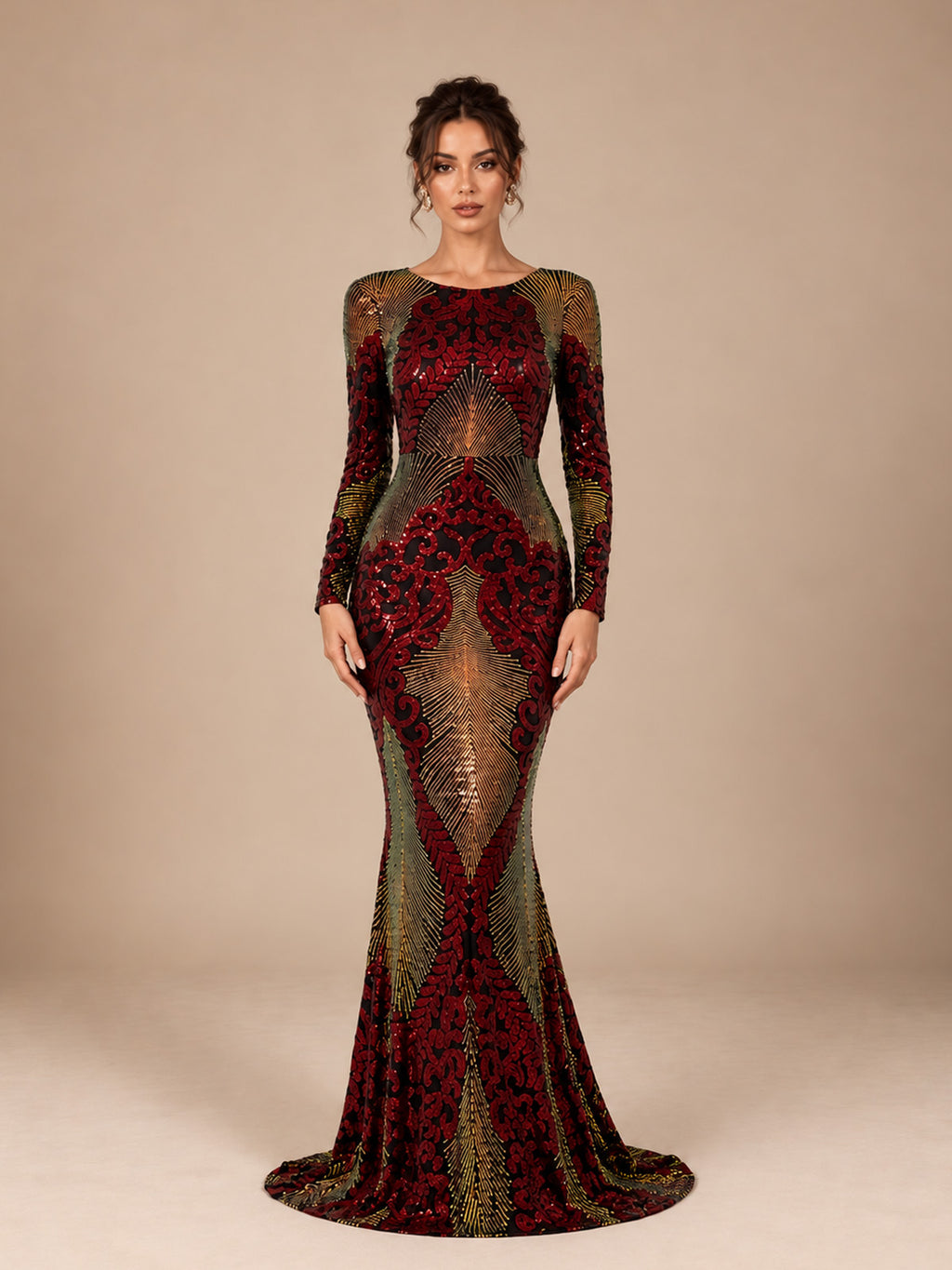 Women’s Red Green Glamorous Sequin Round Neck Long Sleeve Fitted Mermaid Maxi Dress with Open Back