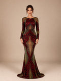 Women’s Red Green Glamorous Sequin Round Neck Long Sleeve Fitted Mermaid Maxi Dress with Open Back
