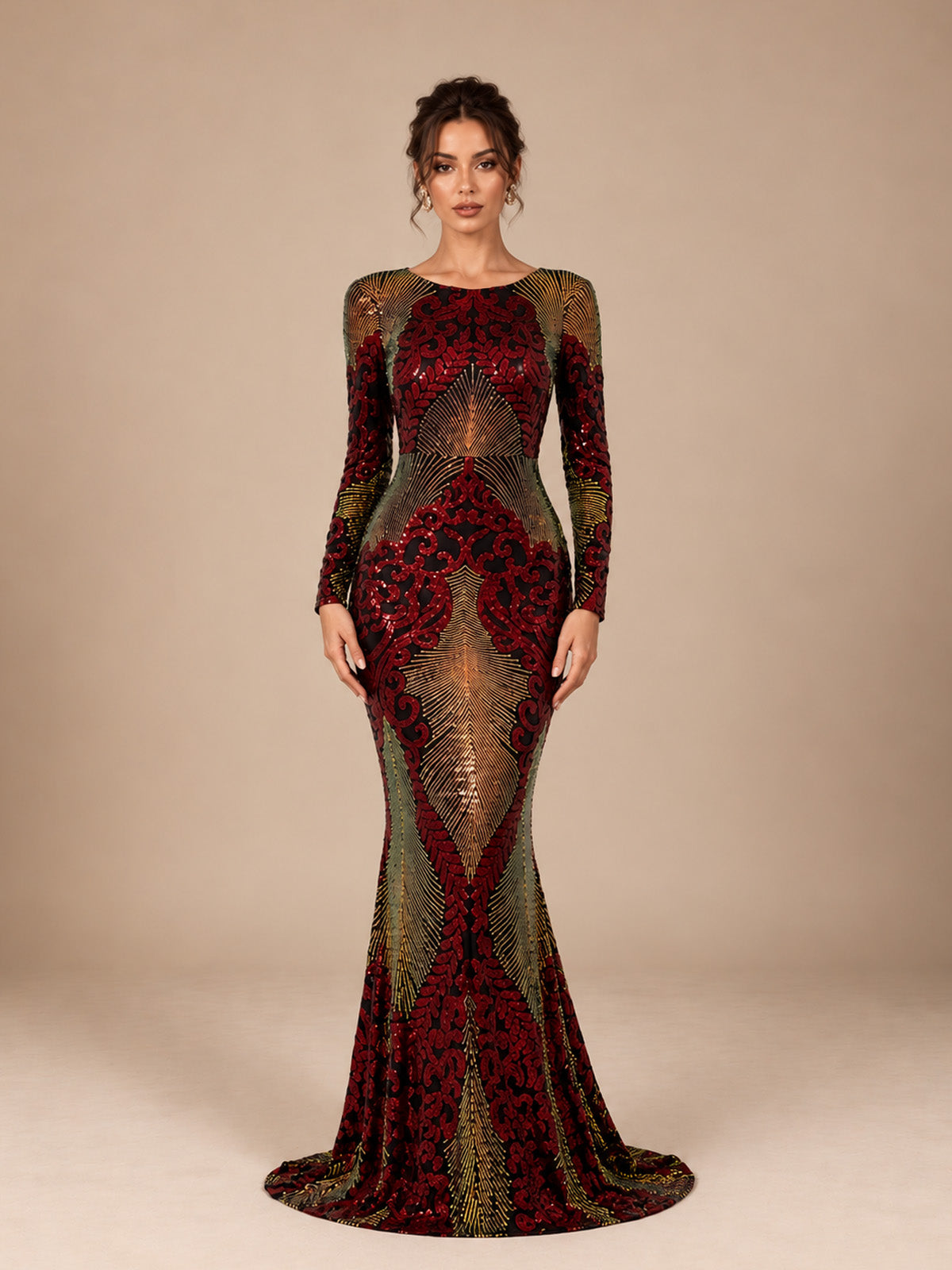 Women’s Red Green Glamorous Sequin Round Neck Long Sleeve Fitted Mermaid Maxi Dress with Open Back