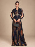 Women’s Multicolor Elegant Sequin Mesh Stand Collar Split Long Sleeve A-Line Maxi Dress with Contrast Trim