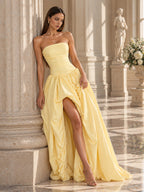 Women’s Butter Yellow Elegant Strapless Sleeveless A-Line Maxi Dress with Ruched Bodice, High-Low Hem and Lace-Up Back