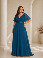 Women’s White Graceful Chiffon V Neck Flutter Short Sleeve A-Line Maxi Dress with Pleated Bodice Detail