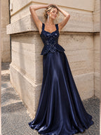Women’s Navy Blue Elegant Sequin Sweetheart Neck Sleeveless Satin A-Line Maxi Dress with Peplum Waist Detail