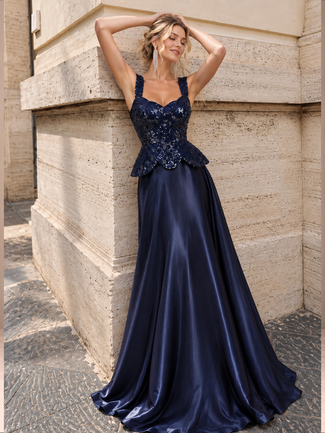 Women’s Navy Blue Elegant Sequin Sweetheart Neck Sleeveless Satin A-Line Maxi Dress with Peplum Waist Detail