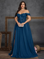 Women’s Olive Green Elegant Tulle Off Shoulder Short Sleeve A-Line Maxi Dress with Floral Appliqué