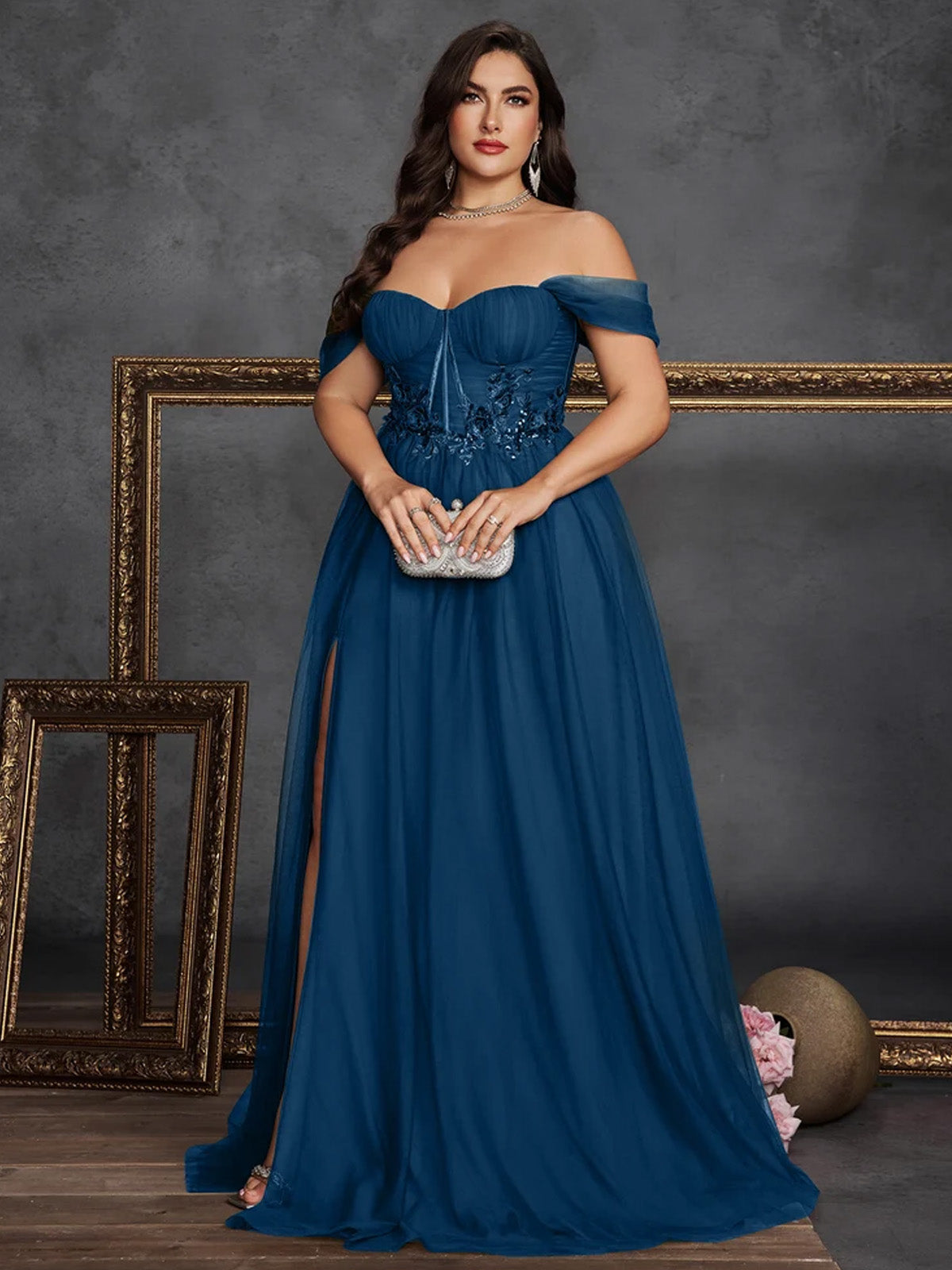 Women’s Olive Green Elegant Tulle Off Shoulder Short Sleeve A-Line Maxi Dress with Floral Appliqué