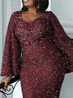 Women’s Silver Blue Glamorous Sequin Mesh V Neck Long Bell Sleeve Mermaid Maxi Dress with Embellished Detail