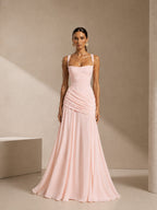 Women’s Yellow Elegant Ruched Square Neck Sleeveless Maxi Dress