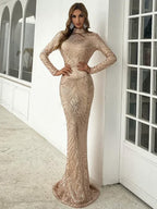 Women’s Black Glamorous Sequin Mock Neck Long Sleeve Mermaid Maxi Dress with Fringe Detail