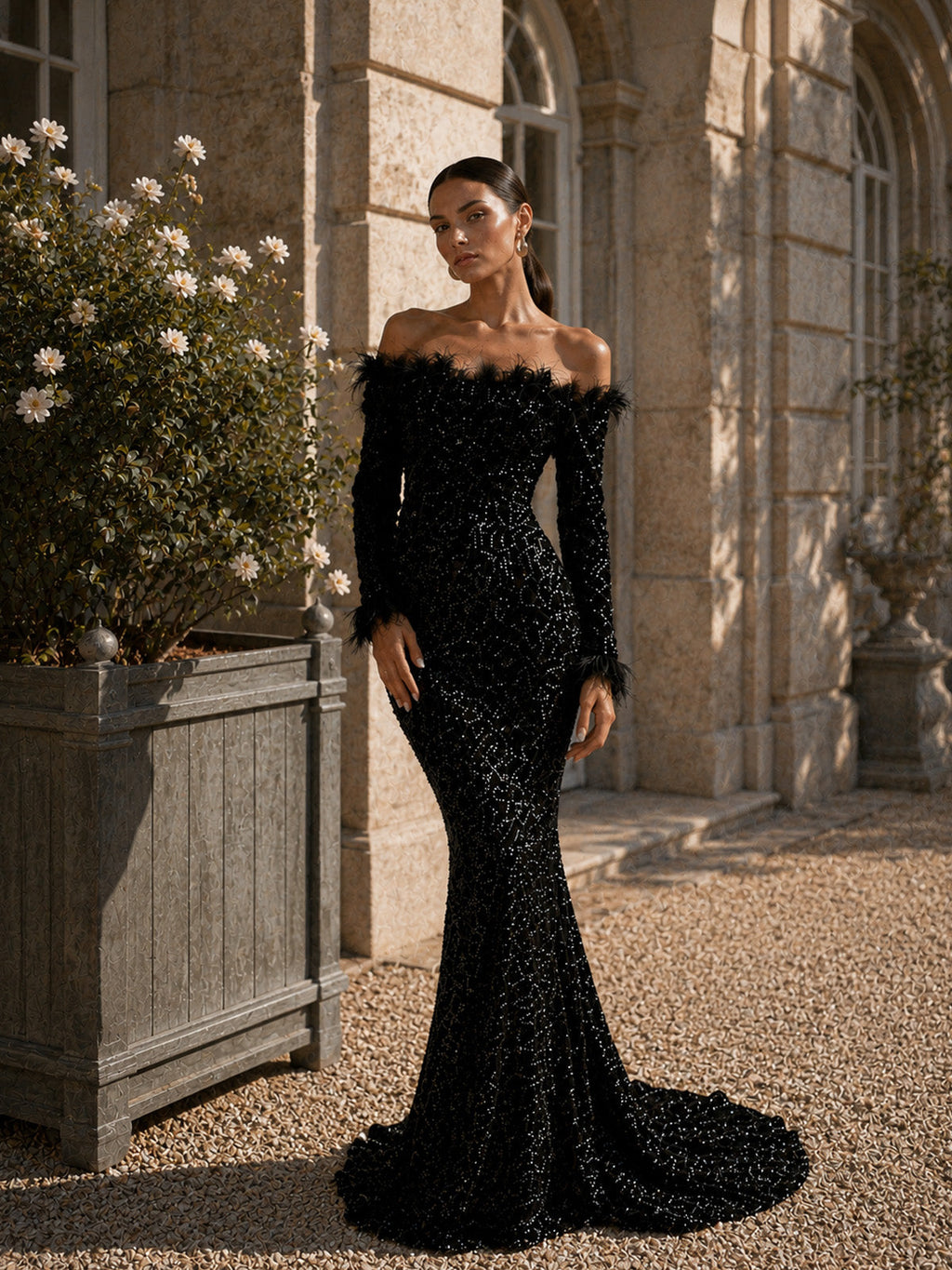 Damen bordeauxrotes, luxuriöses Pailletten-Off-Shoulder-Maxikleid mit langen Ärmeln im Meerjungfrauen-Stil