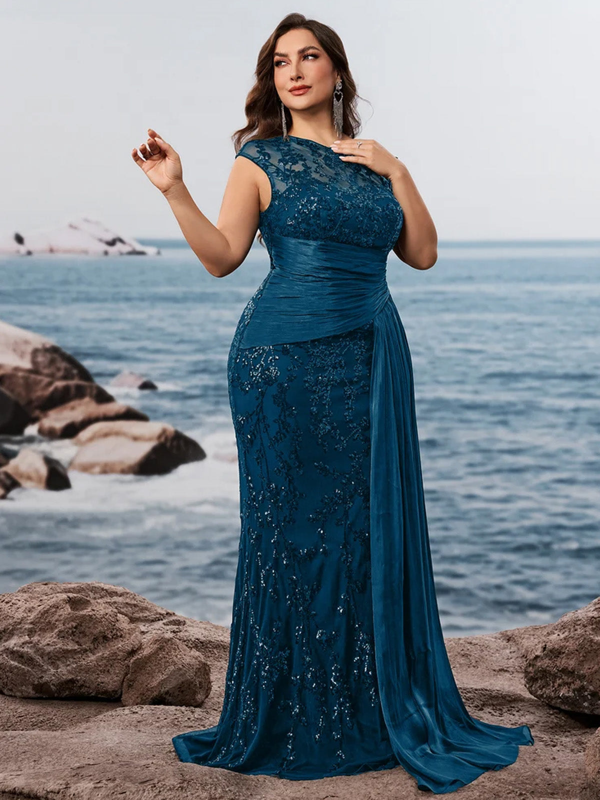 Women’s Black Elegant Sequin Lace Asymmetric Neck Cap Sleeve Mermaid Maxi Dress with Draped Side Panel