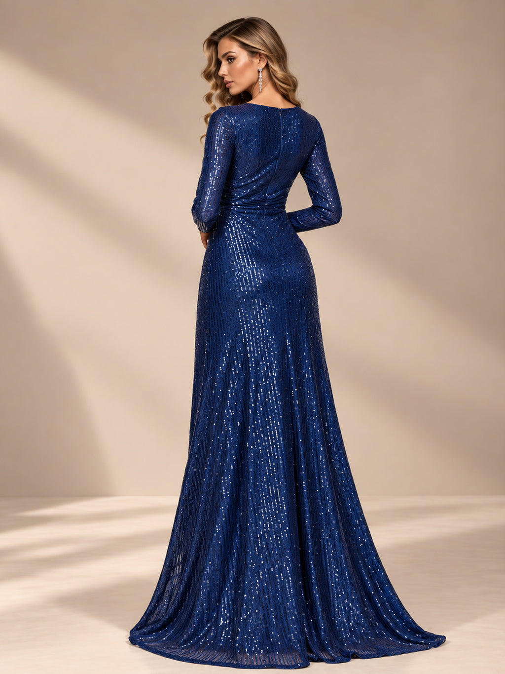 Women’s Silver Elegant Sequin V-Neck Long Sleeve A-Line Maxi Dress with Ruched Waist