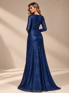 Women’s Silver Elegant Sequin V-Neck Long Sleeve A-Line Maxi Dress with Ruched Waist