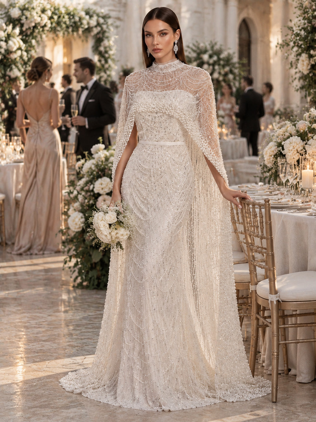 Women’s Champagne Beaded Mermaid Wedding Dress High Neck Long Sleeve Bridal Gown with Crystal Embellished Cape Detail