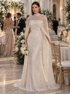 Women’s Champagne Beaded Mermaid Wedding Dress High Neck Long Sleeve Bridal Gown with Crystal Embellished Cape Detail