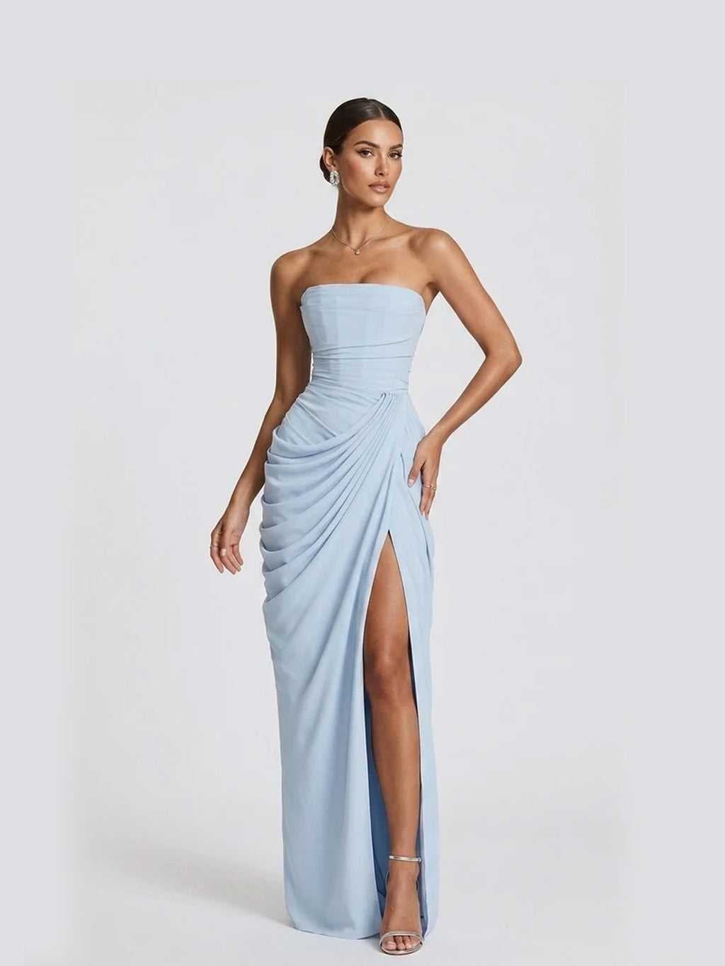 Women’s Pale Yellow Glamorous Strapless Sleeveless Slim Fit Maxi Dress with Ruched High Slit Detail