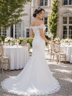 Women’s White Romantic Lace Off Shoulder Short Sleeve Mermaid Maxi Wedding Dress with Floral Appliqué