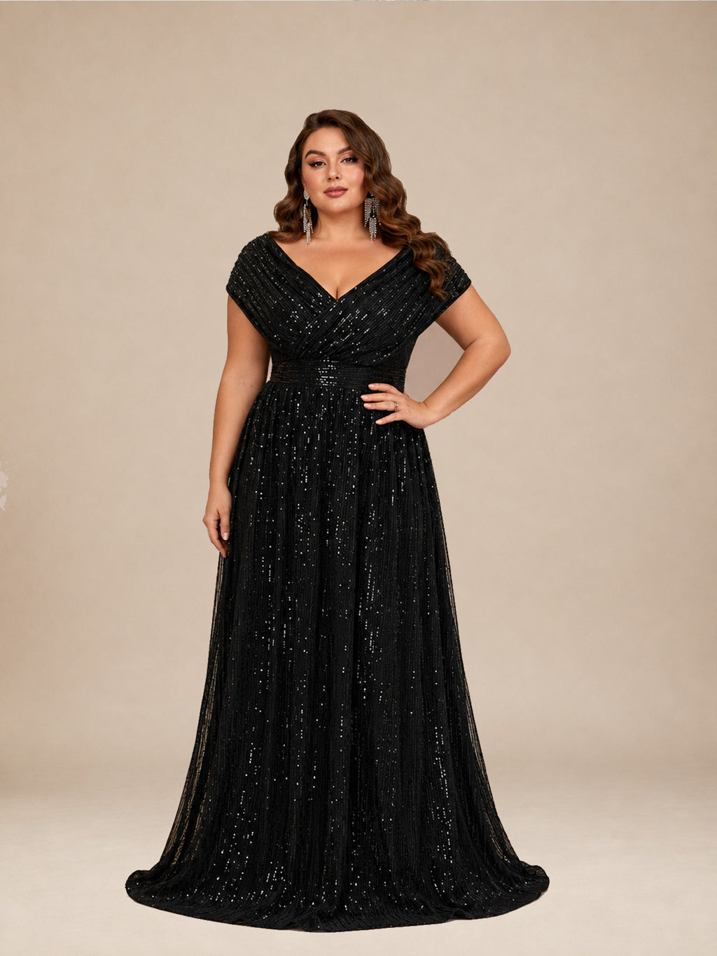 Women’s Navy Blue Glamorous Sequin Mesh V Neck Short Sleeve A-Line Maxi Dress with Pleated Wrap Bodice Detail