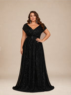 Women’s Navy Blue Glamorous Sequin Mesh V Neck Short Sleeve A-Line Maxi Dress with Pleated Wrap Bodice Detail