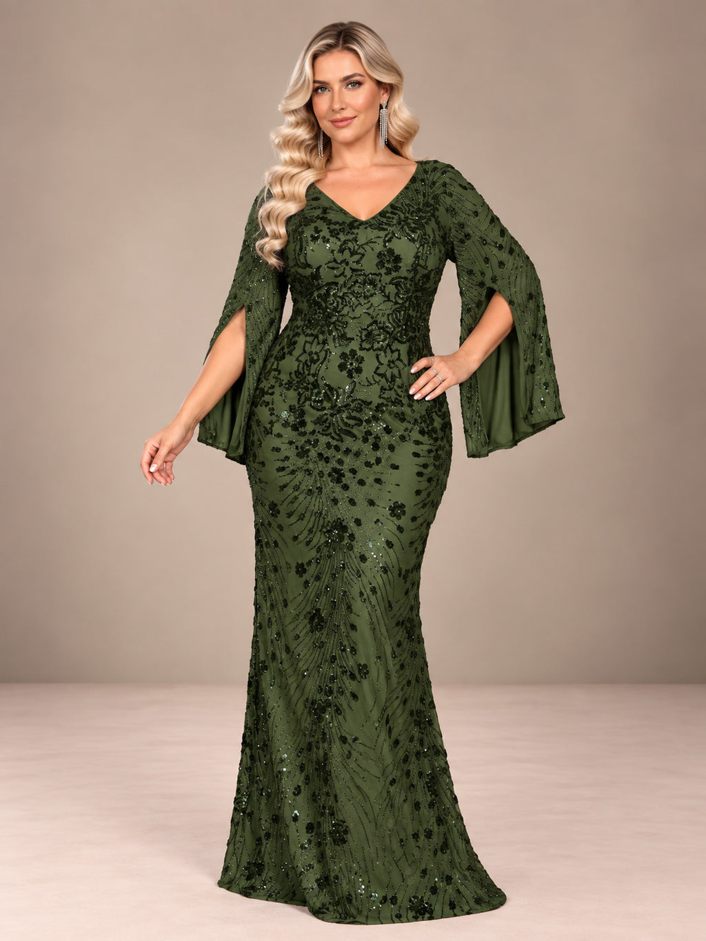 Women’s Teal Blue Elegant Sequin V-Neck Cape Sleeve Mermaid Maxi Dress with Floral Embroidery