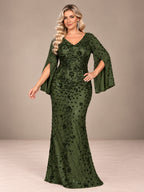 Women’s Teal Blue Elegant Sequin V-Neck Cape Sleeve Mermaid Maxi Dress with Floral Embroidery