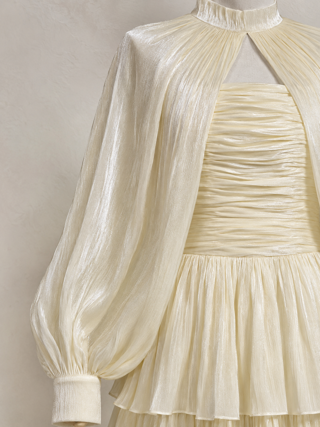 Women’s Pale Romantic Satin High Neck Long Sleeve A-Line Maxi Dress with Ruched Tiered Detail