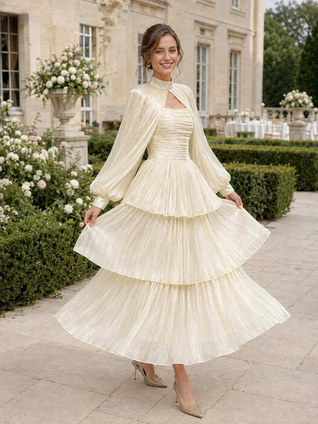 Women’s Pale Romantic Satin High Neck Long Sleeve A-Line Maxi Dress with Ruched Tiered Detail